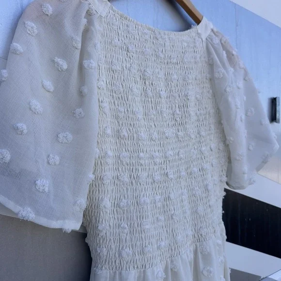 Annebouti Swiss Dot Midi Dress Sz XS Cream Smocked Cute Swing Ruffle Hem Girlie - Picture 10 of 10